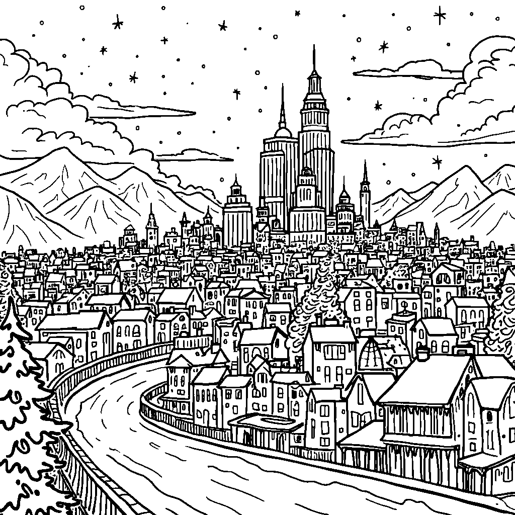 A Grinch-inspired cityscape with towering buildings