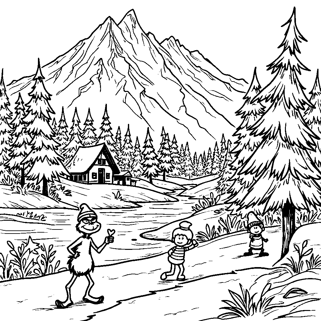 A Grinch-inspired mountain landscape with snowy peaks