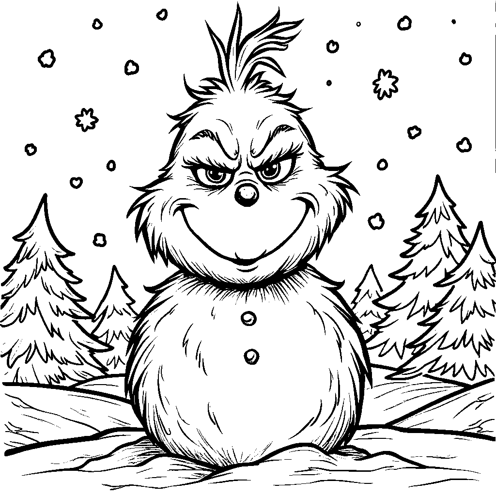 A Grinch-shaped snowman with a carrot nose