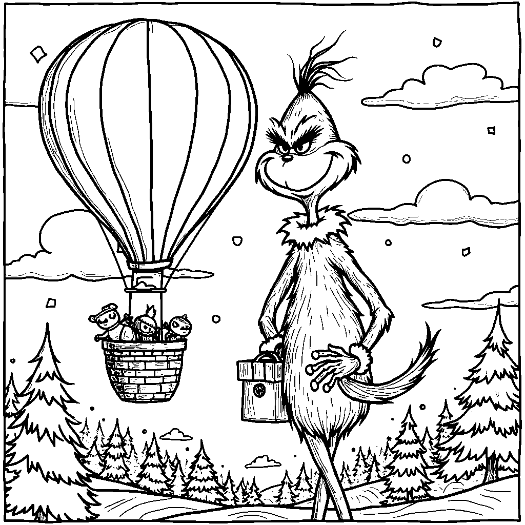 A Grinch-themed hot air balloon flying high