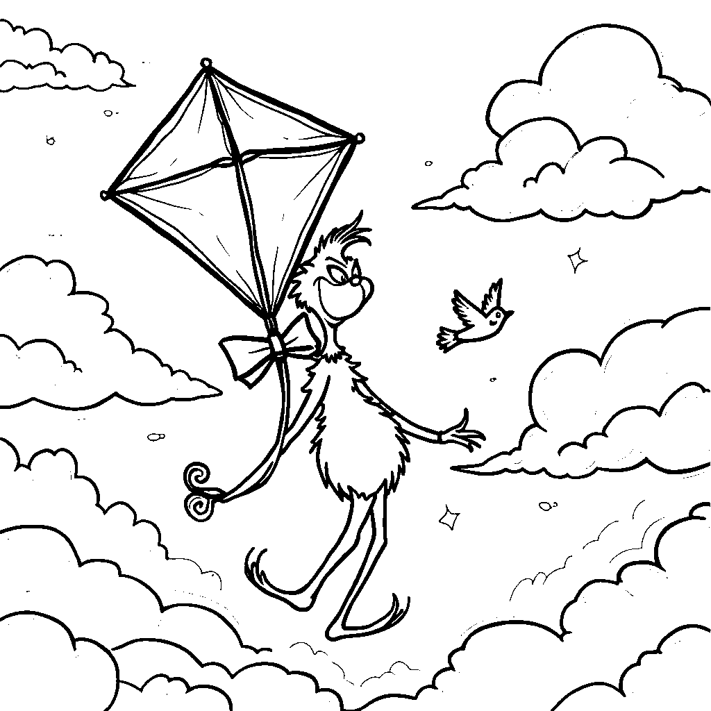 A Grinch-themed kite flying high in the sky