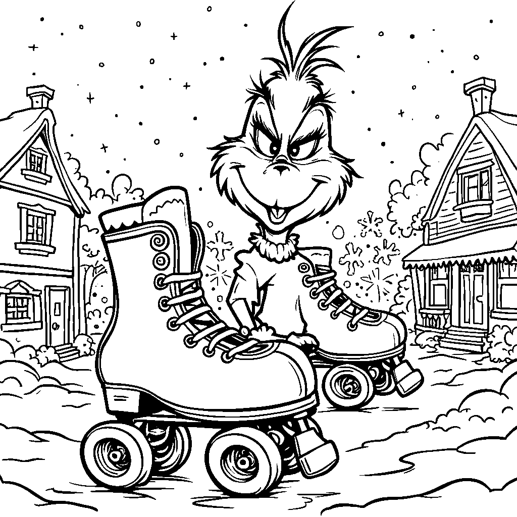 A Grinch-themed pair of roller skates with wheels