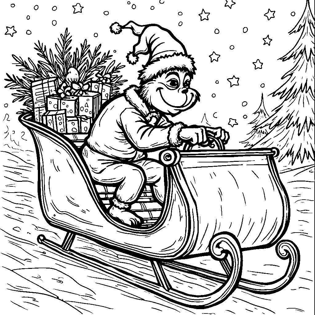 The Grinch driving a sleigh filled with presents