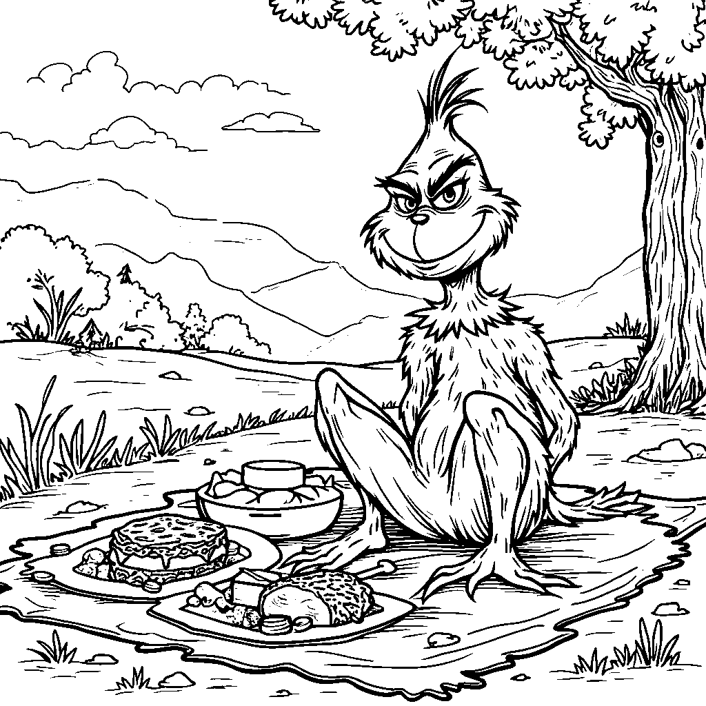 The Grinch having a picnic with his favorite foods