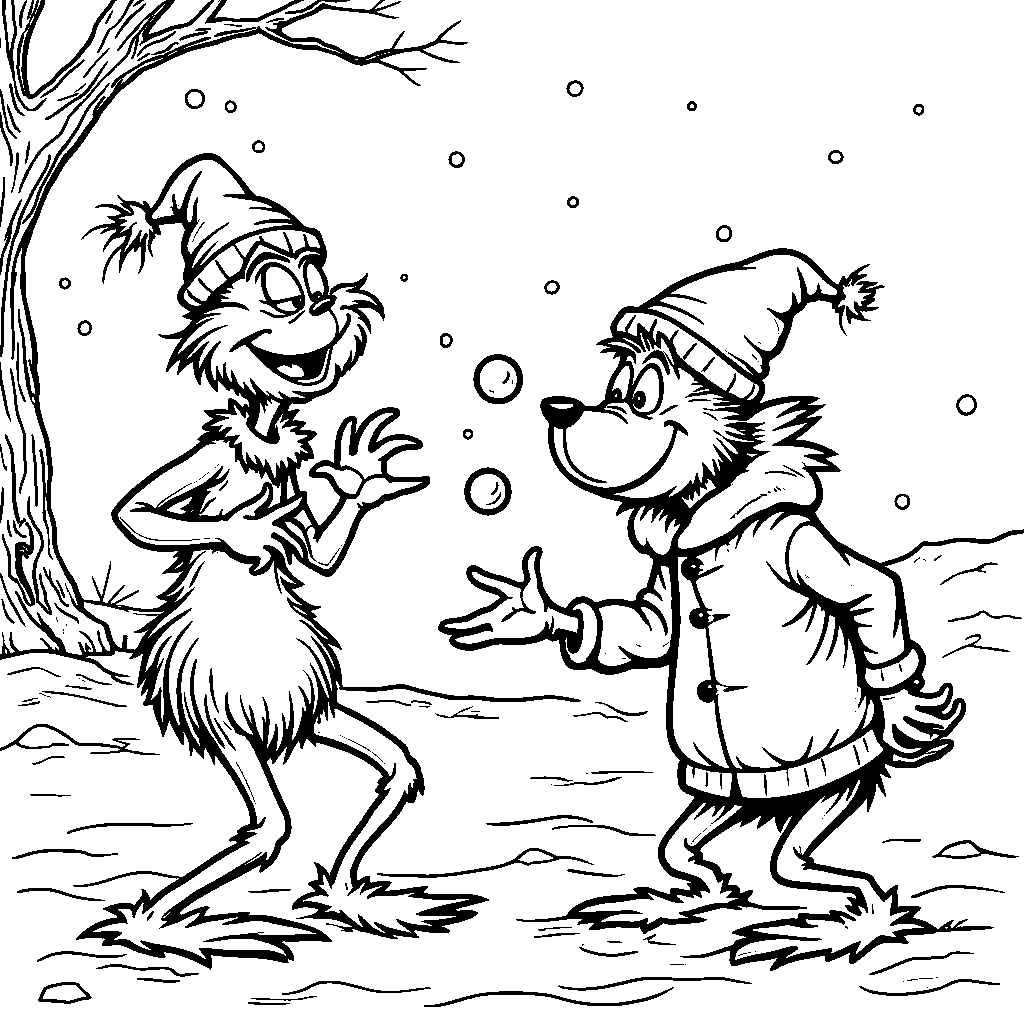 The Grinch having a snowball fight with Max