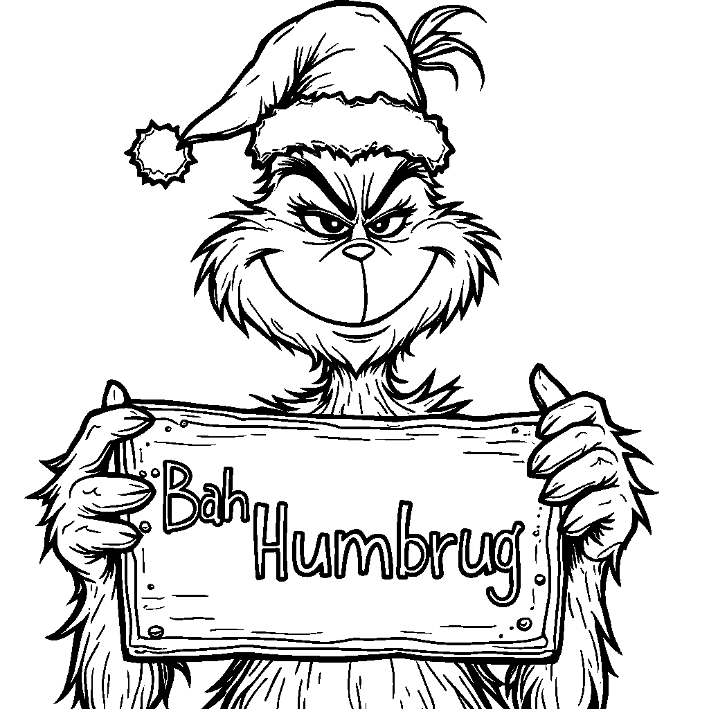 The Grinch holding a 'Bah Humbug' sign with a smile