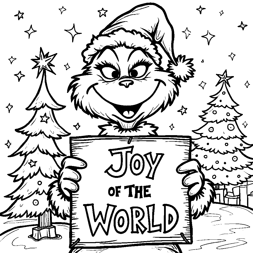 The Grinch holding a 'Joy to the World' sign