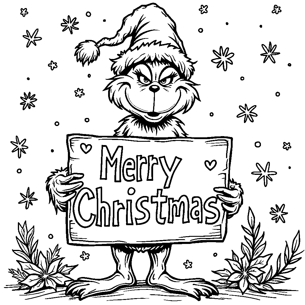 The Grinch holding a 'Merry Christmas' sign