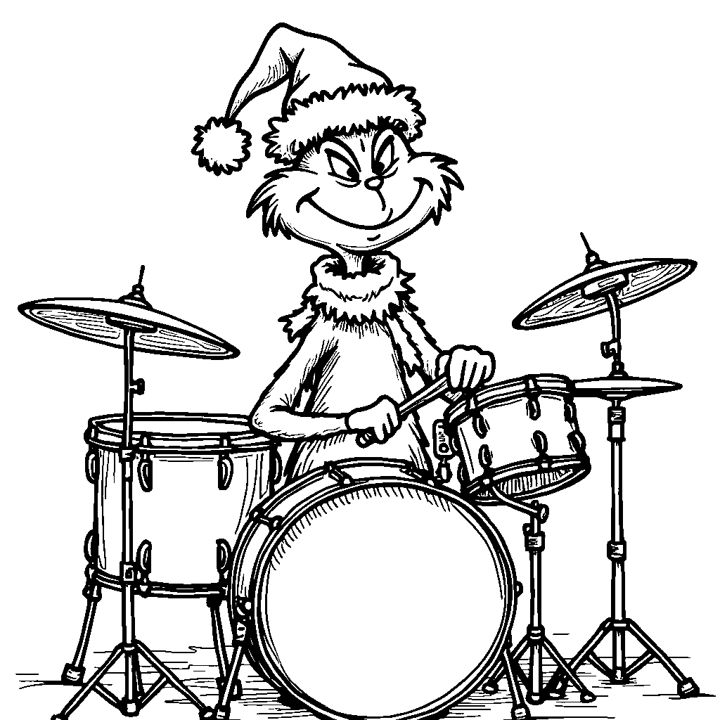 The Grinch playing the drums with a festive beat