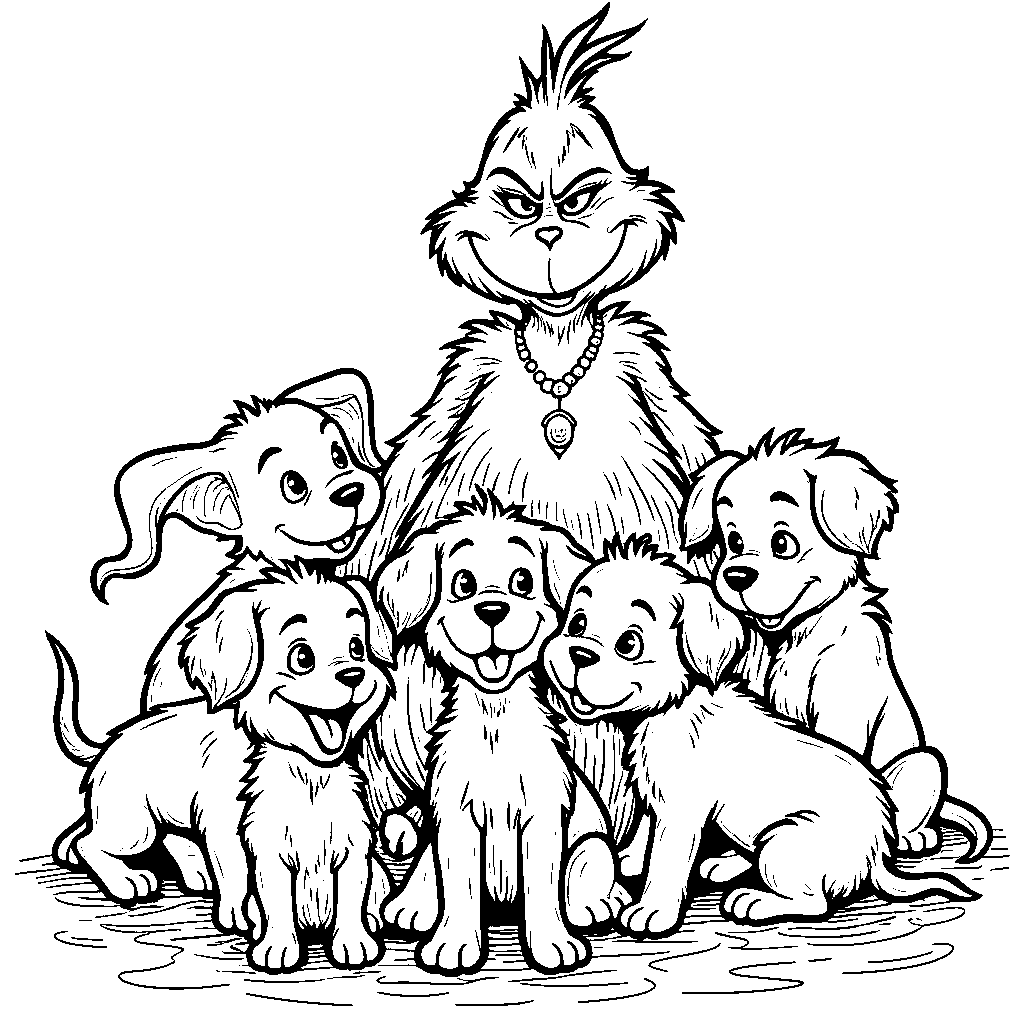 The Grinch playing with a bunch of happy puppies