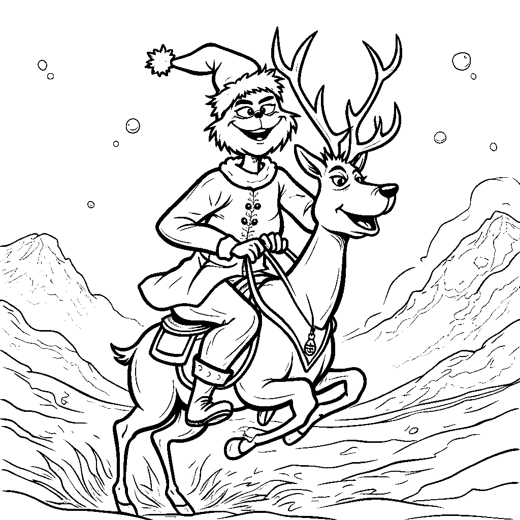 The Grinch riding a reindeer through the snowy sky