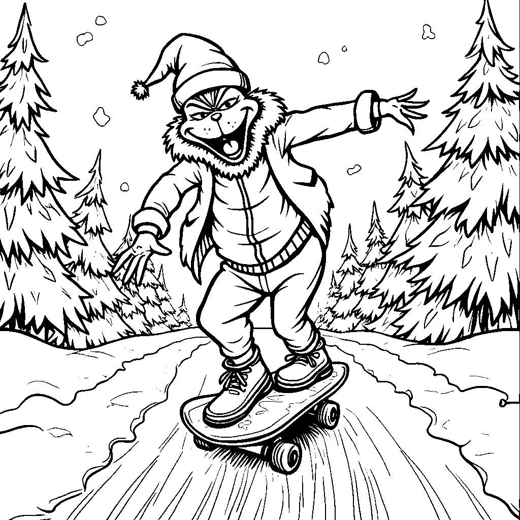 The Grinch riding a skateboard through the snow