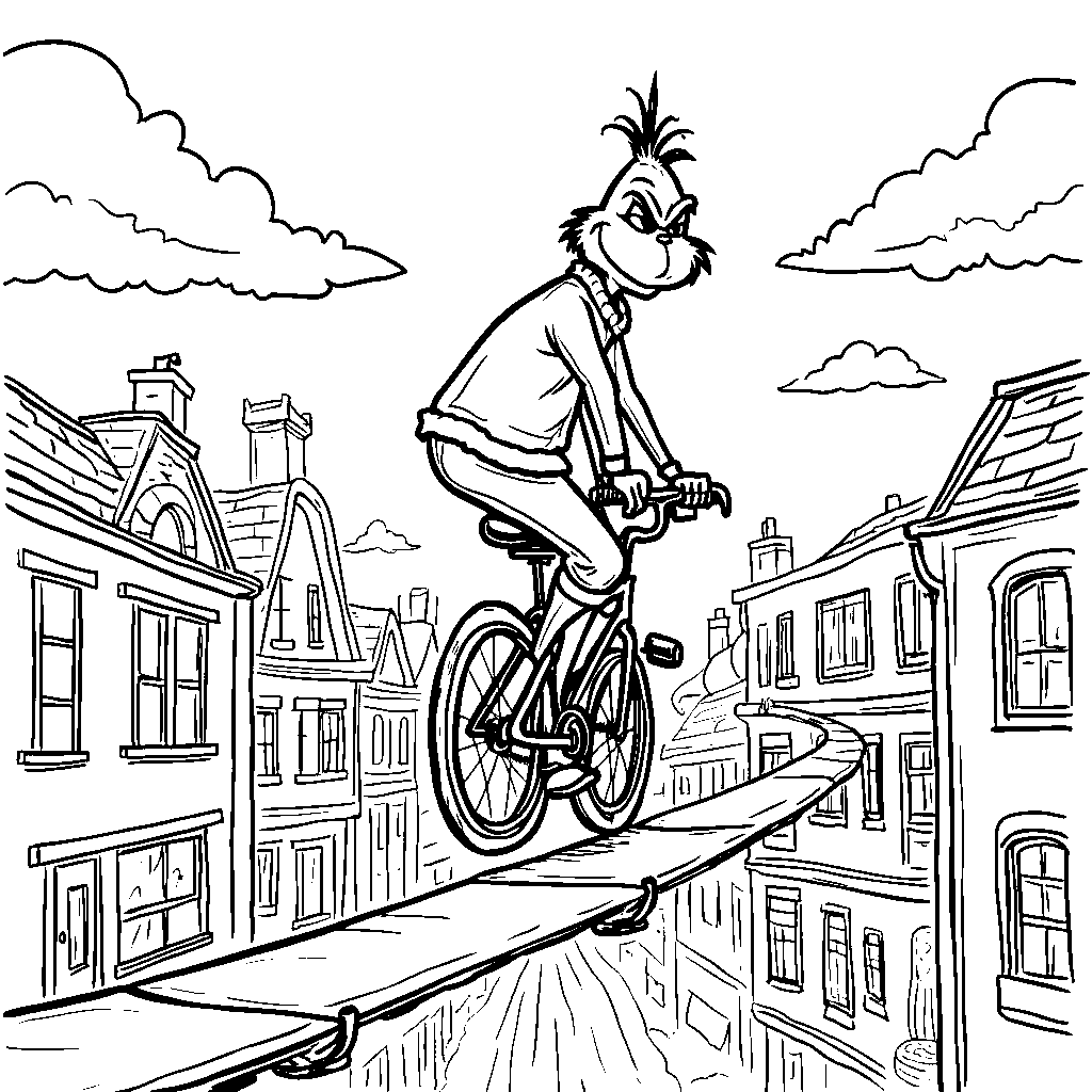 The Grinch riding a unicycle on a tightrope