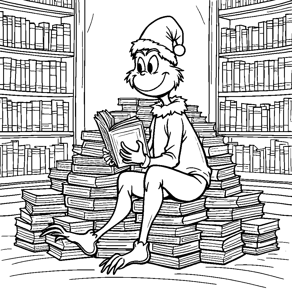 The Grinch sitting on a giant pile of books