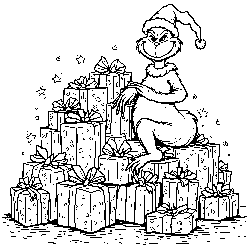 The Grinch sitting on a pile of wrapped gifts