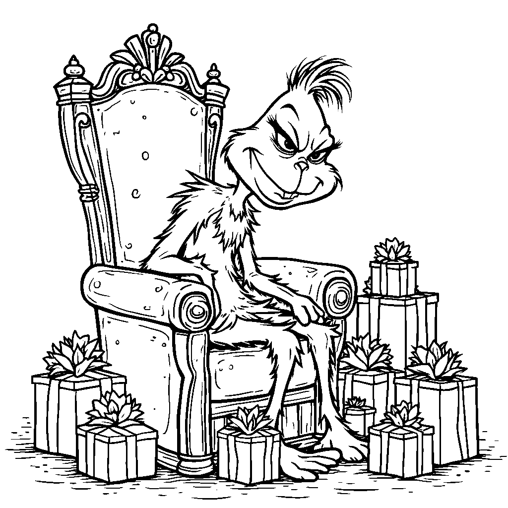 The Grinch sitting on a throne made of presents