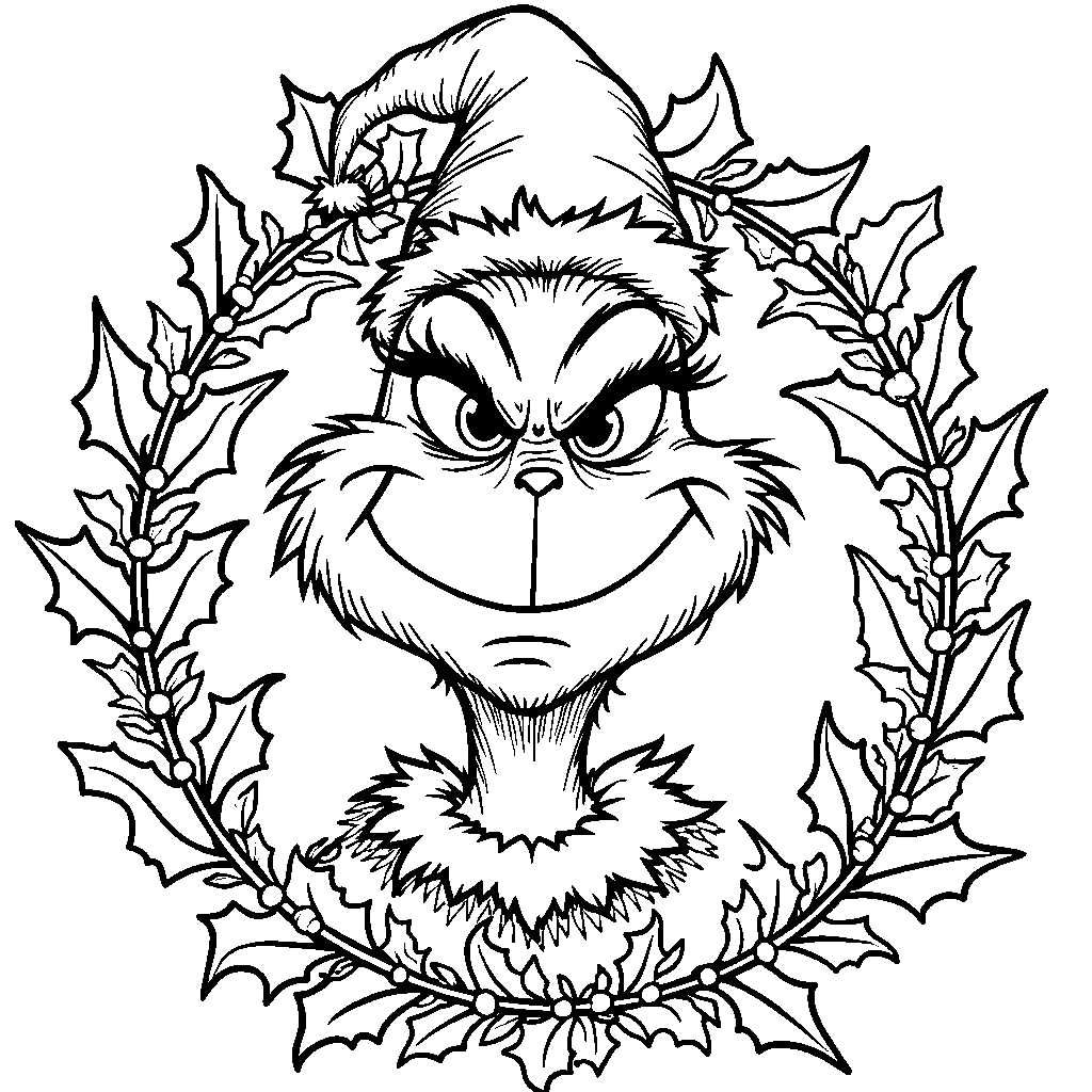 The Grinch surrounded by festive holly and berries