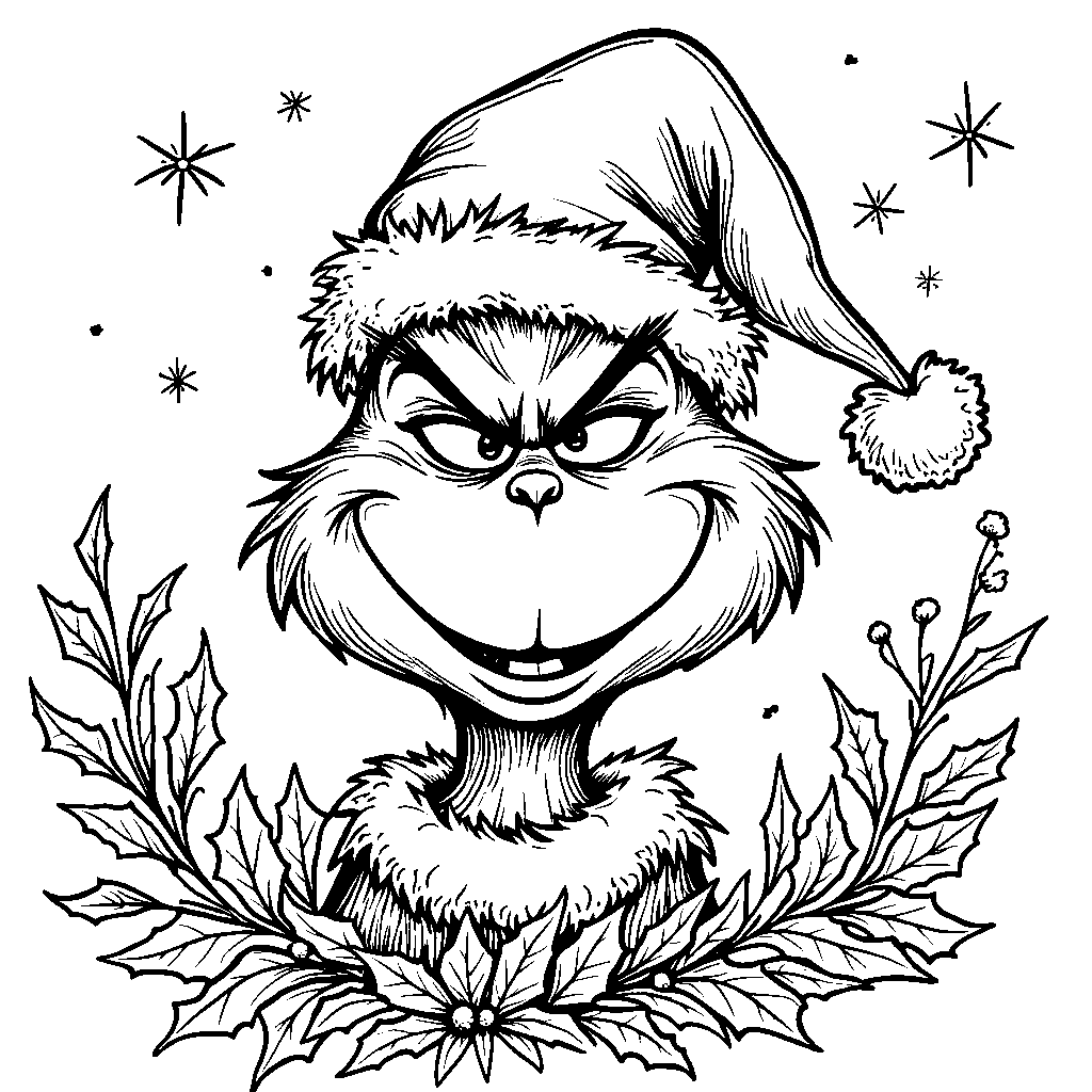 The Grinch's smiling face with a Santa hat on