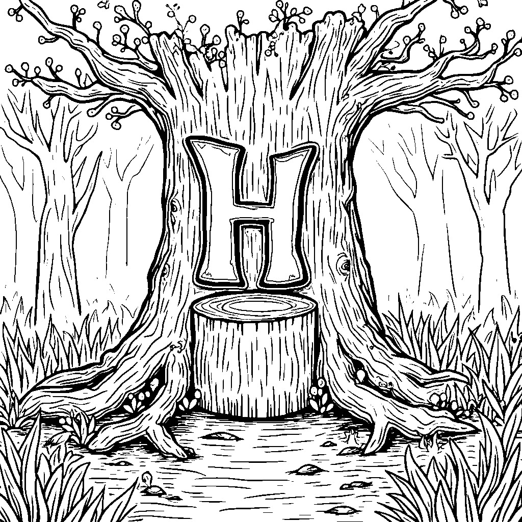 A fairy tale forest with a letter H carved into a tree stump