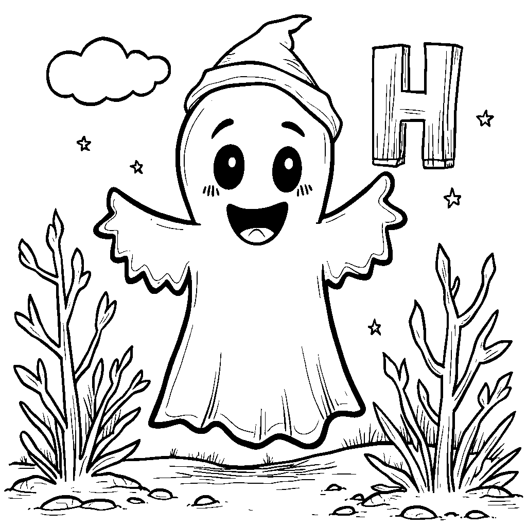 A friendly ghost hovering next to a spooky letter H for Halloween