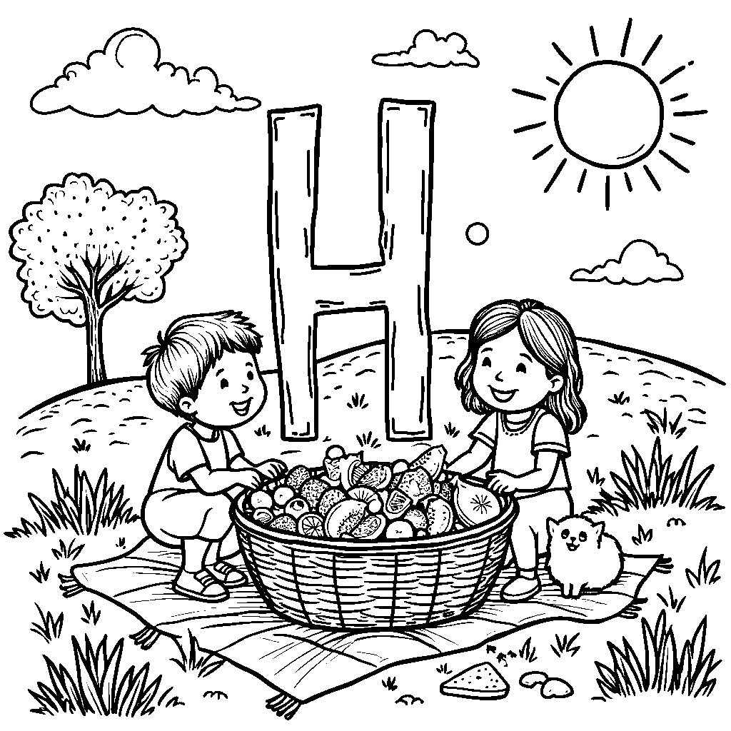 A fun picnic scene with the letter H made from sandwiches and fruits