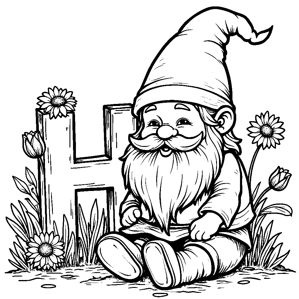 A garden gnome resting next to a letter H with flowers around it