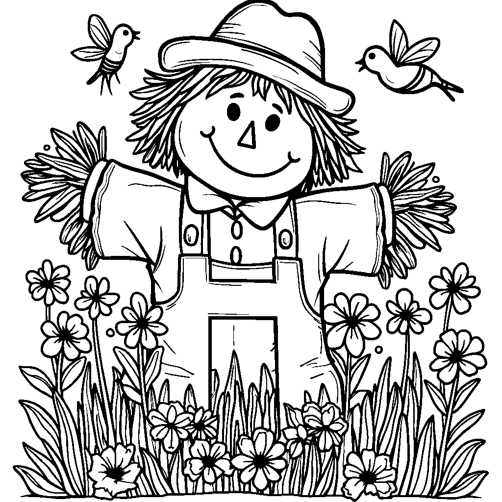 A garden with a scarecrow in the shape of the letter H