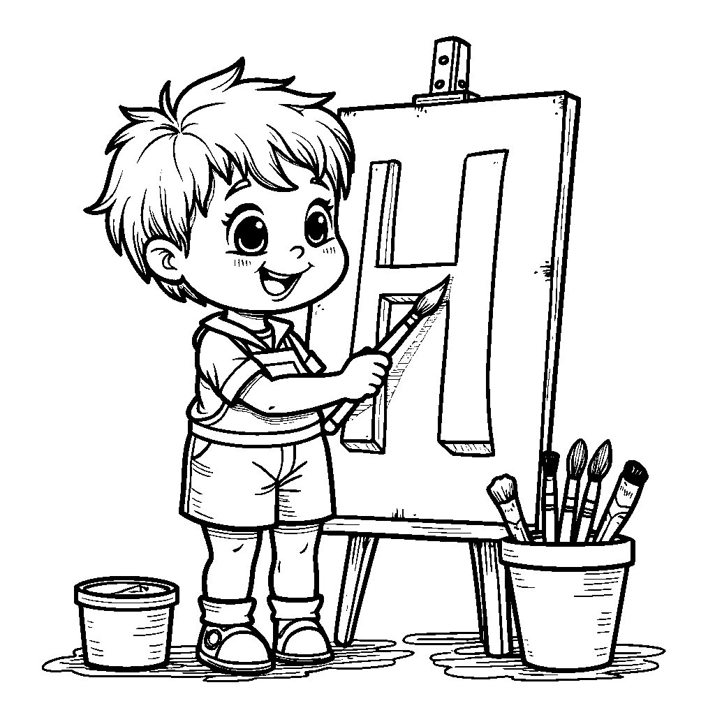 A letter H being painted by a friendly little artist holding a paintbrush