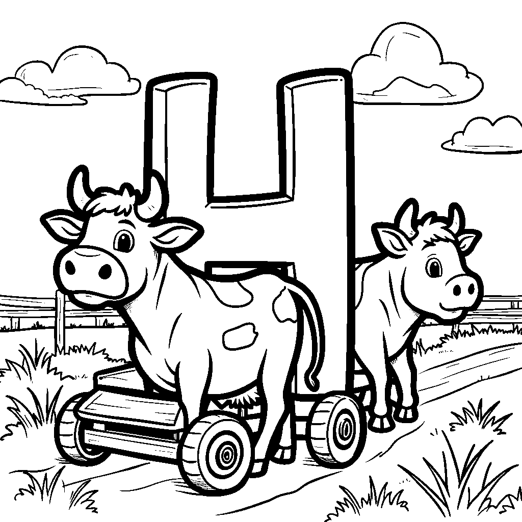 A letter H being pulled by cute farm animals like cows and pigs