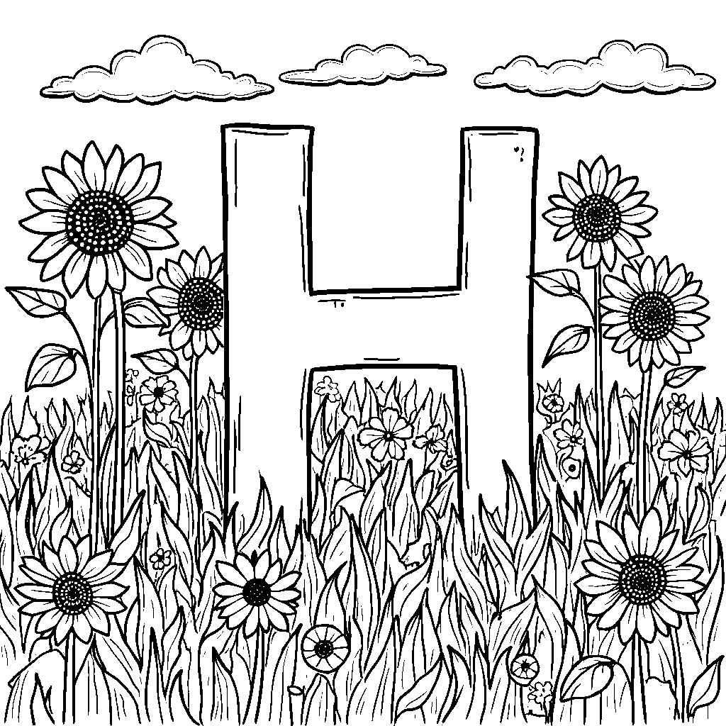 A letter H in a farmer's field filled with crops and sunflowers