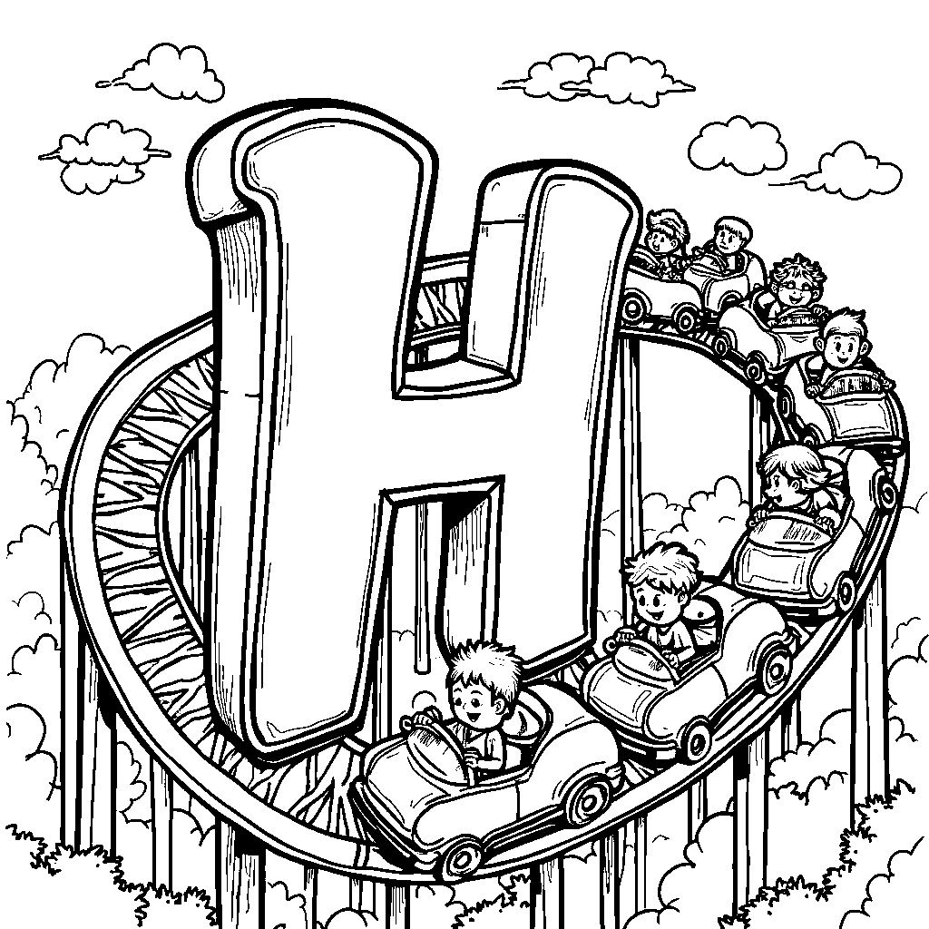 A letter H turned into a roller coaster with little cars zooming along