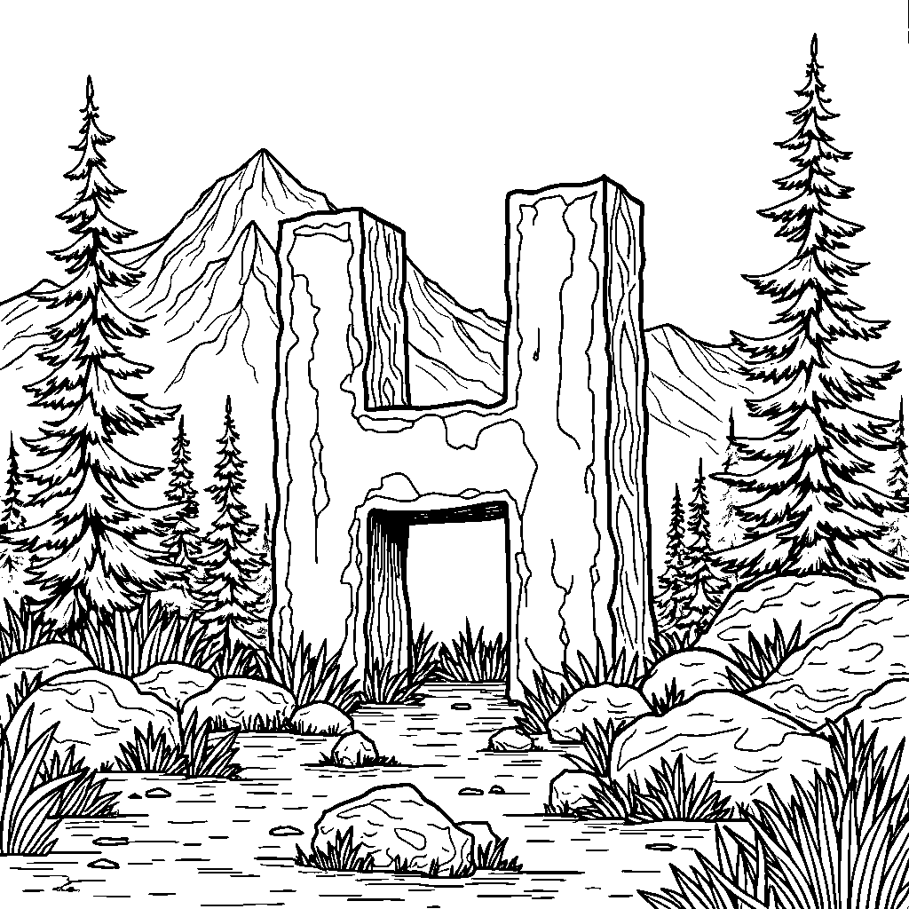 A mountain landscape featuring a letter H made of rocks and trees