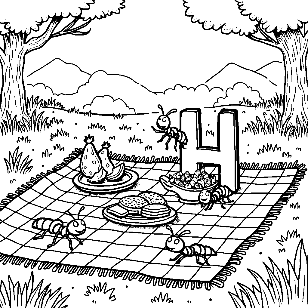 A picnic scene with ants forming a letter H from breadcrumbs