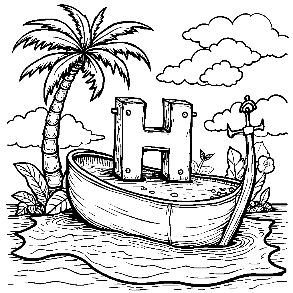 A treasure map leading to a big shiny letter H hidden under a palm tree