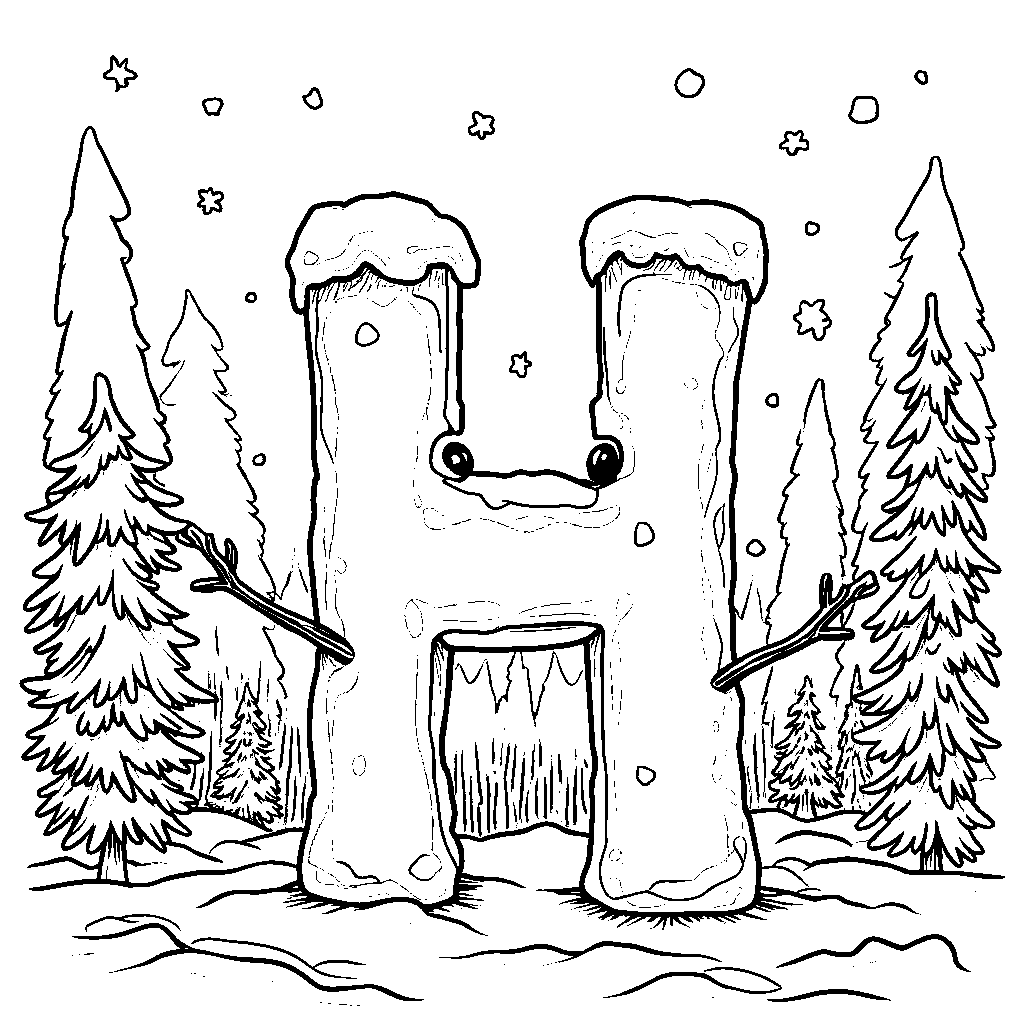 A winter wonderland with a snowman shaped like the letter H