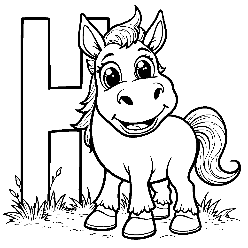 An adorable animal that starts with H, like a happy horse standing beside the letter H