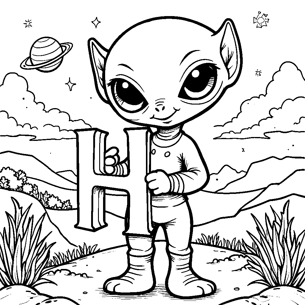 An alien holding a letter H on its home planet