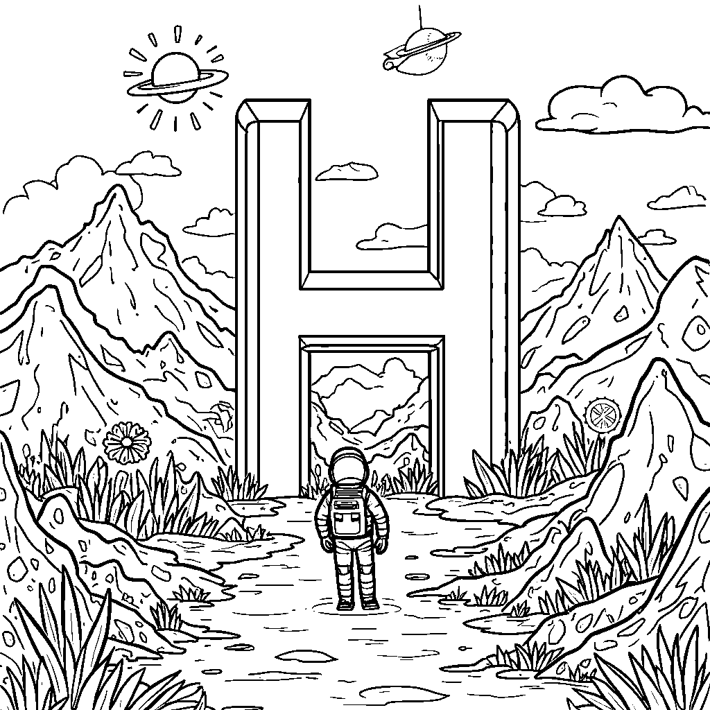 An astronaut exploring a planet shaped like the letter H