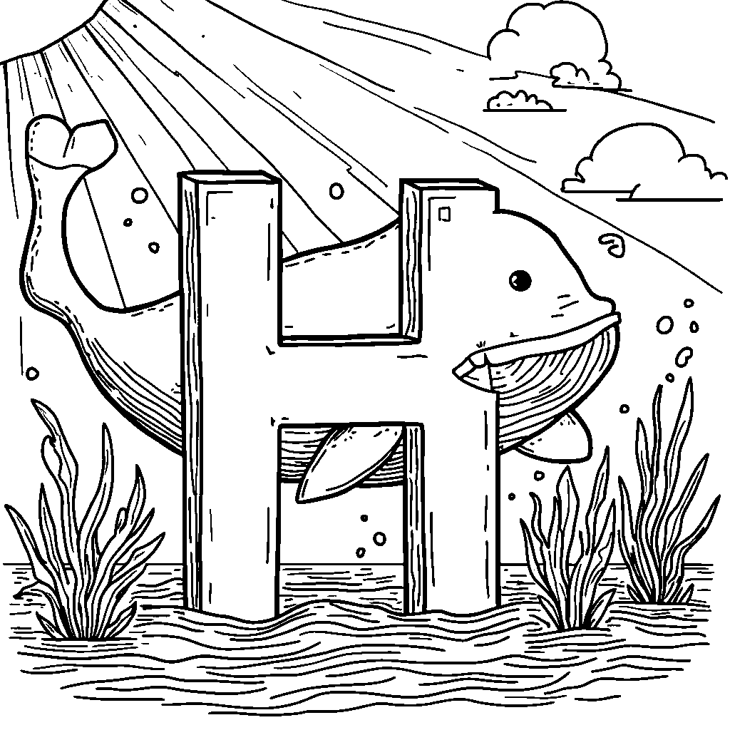 A friendly whale swimming around a letter H in the ocean