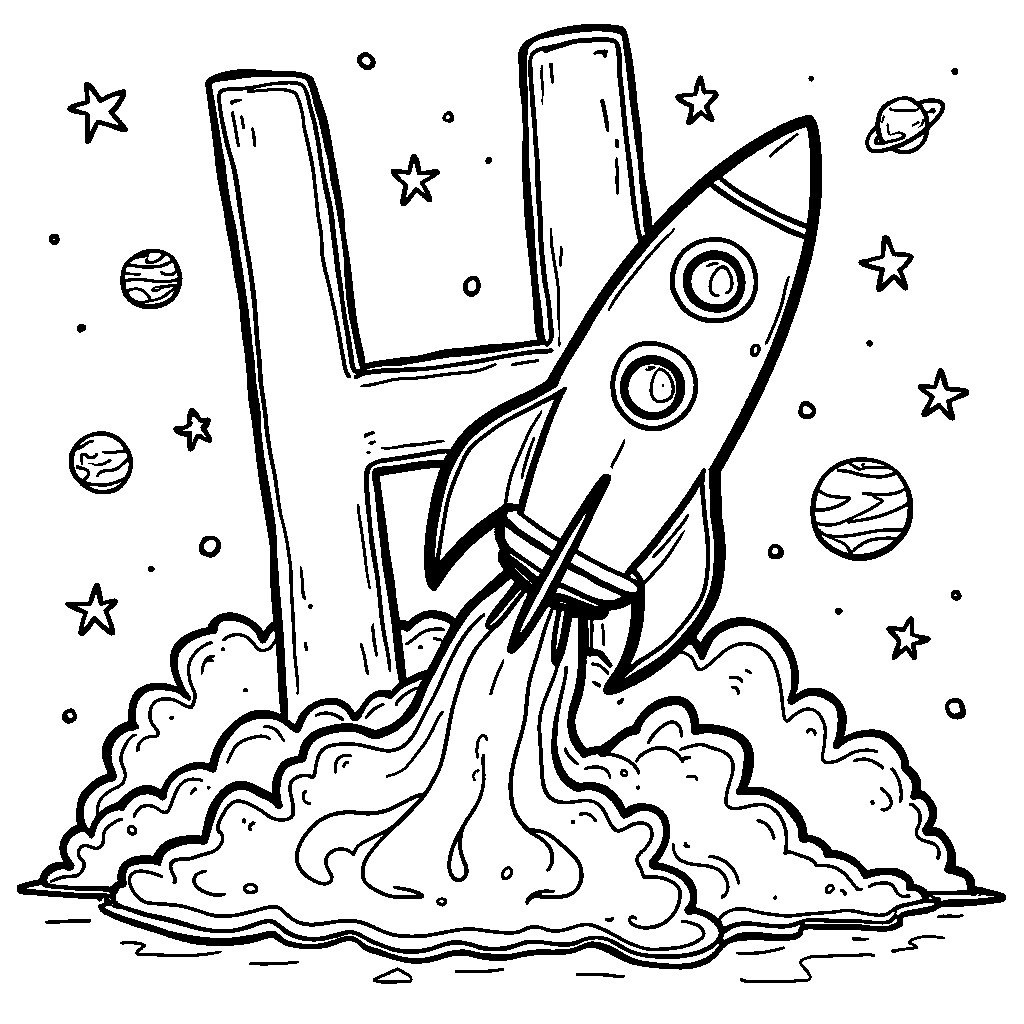 A letter H as a rocket ship blasting off into space