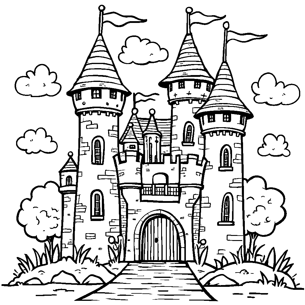 A magical castle that resembles a letter H, with turrets and flags