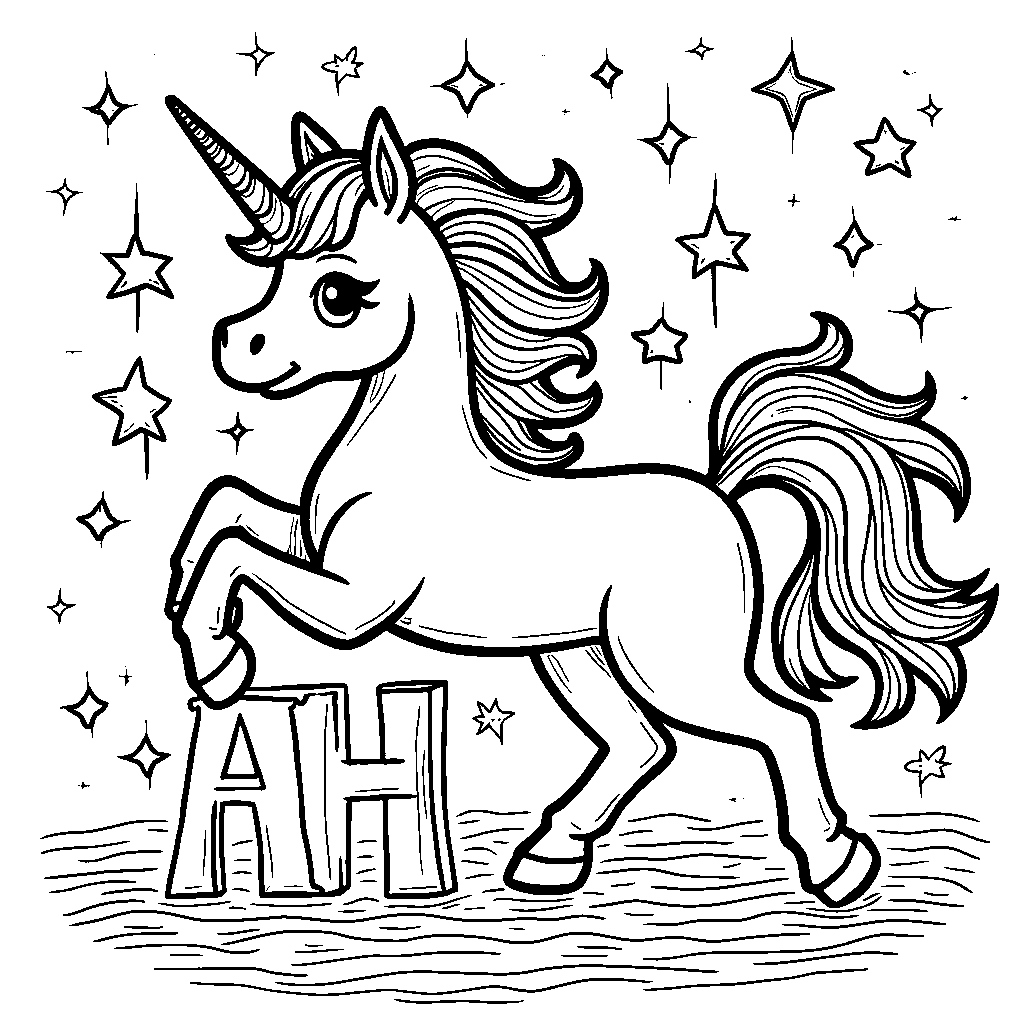 Magical Unicorn Prancing Around a Letter H Made of Stars