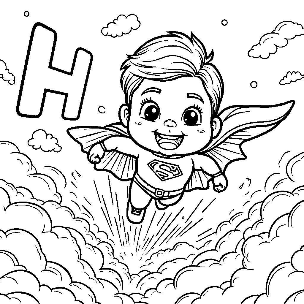 A superhero letter H flying through the sky with a cape