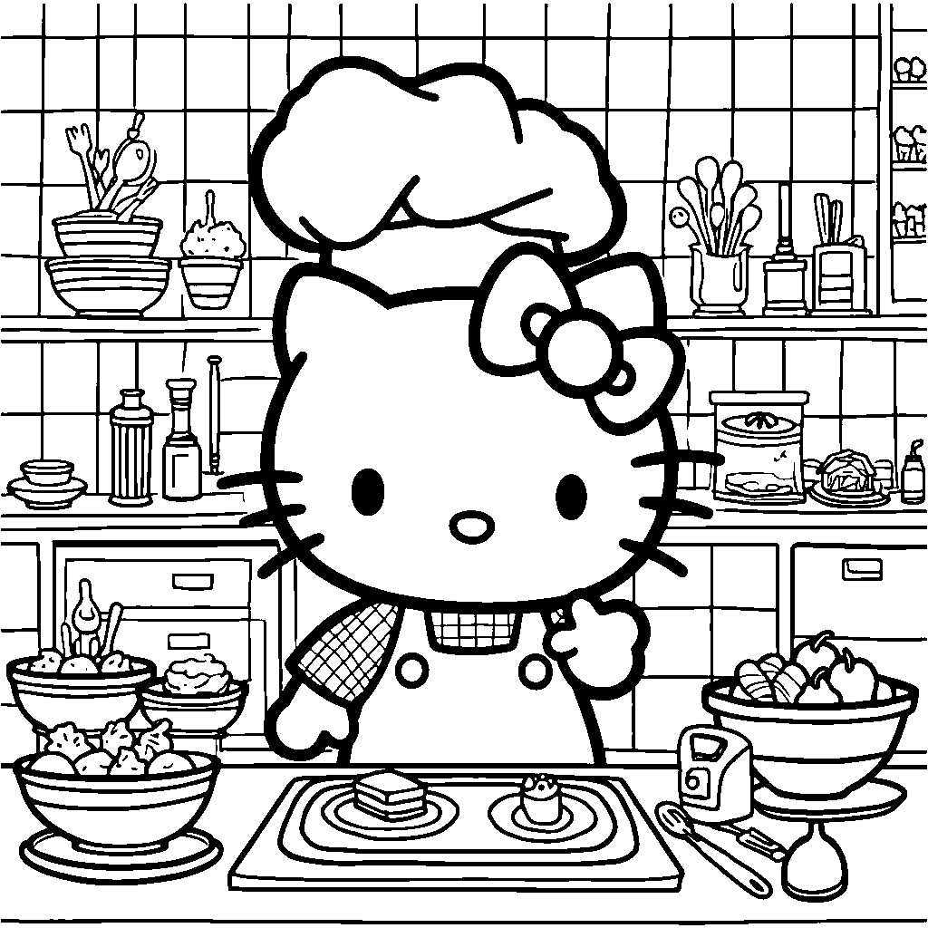 Hello Kitty as a chef in a kitchen