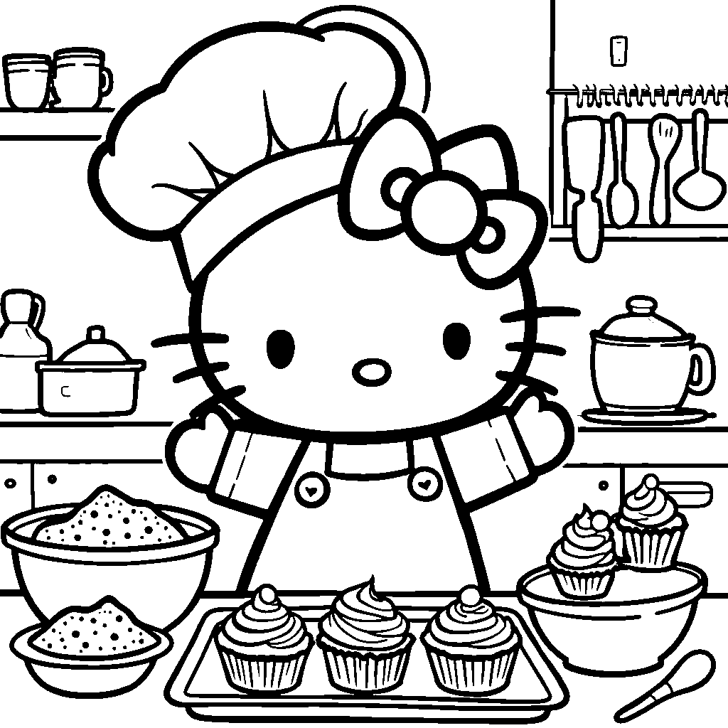 Hello Kitty baking cupcakes