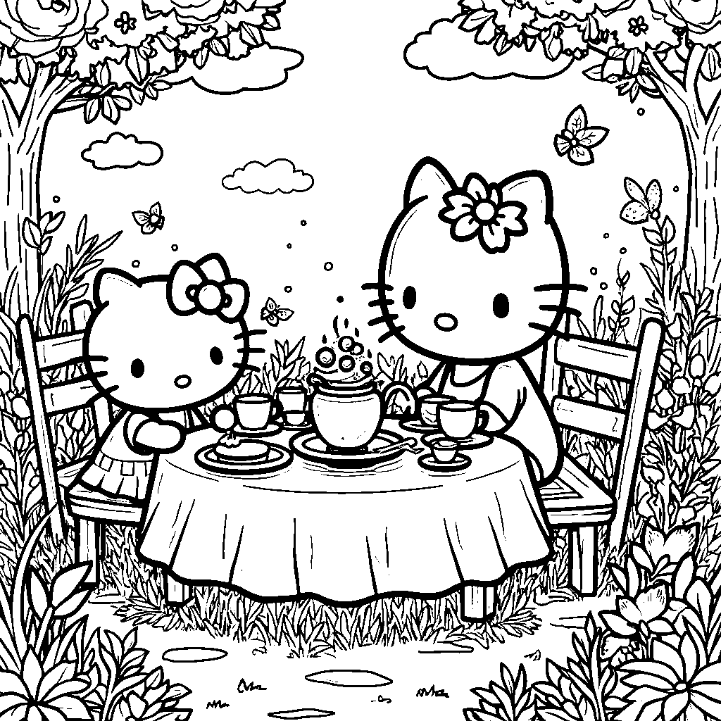 Hello Kitty having a tea party with friends