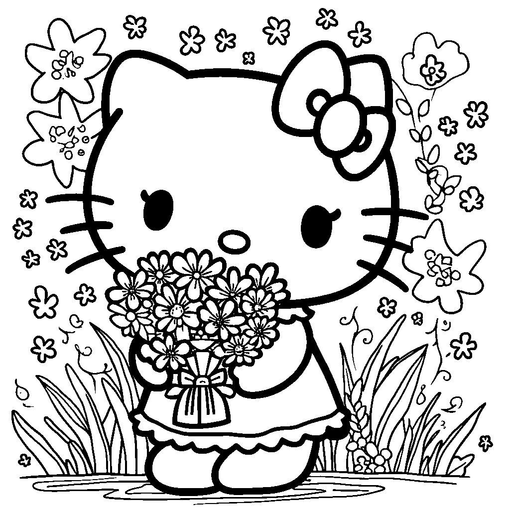 Hello Kitty holding a bouquet of flowers