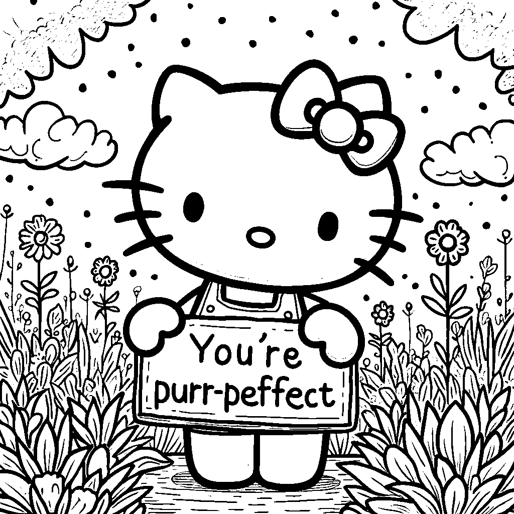 Hello Kitty holding a sign that says 'You're purr-fect'