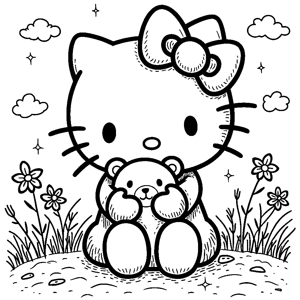 Hello Kitty holding a stuffed animal friend