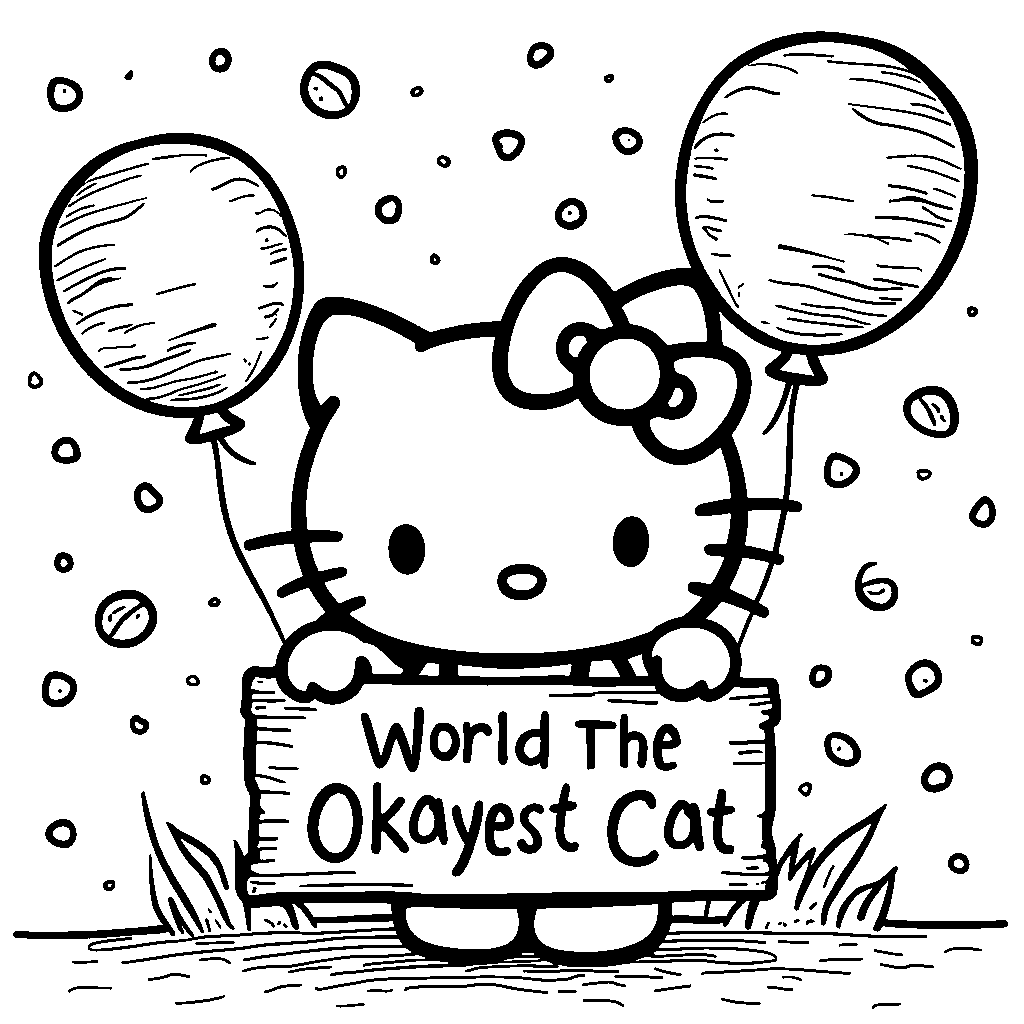 Hello Kitty holding a 'World's Okayest Cat' sign